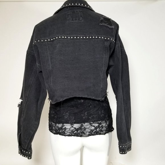 Forever 21 Jean Denim Jacket Coat S Black Distressed Stud Bling Gothic Punk Alt - Picture 2 of 12